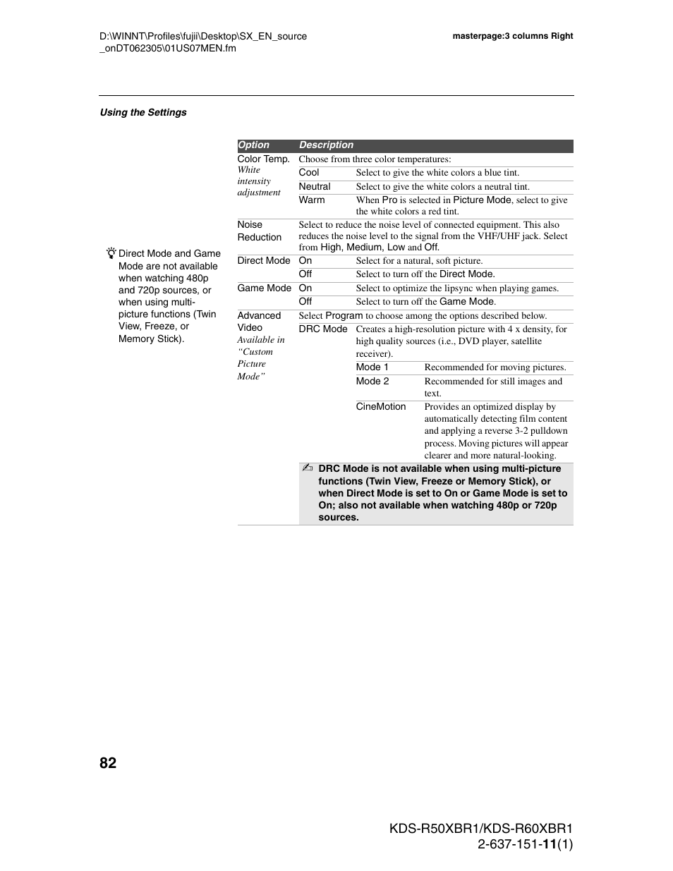 Sony KDS-R60XBR1 User Manual | Page 82 / 120