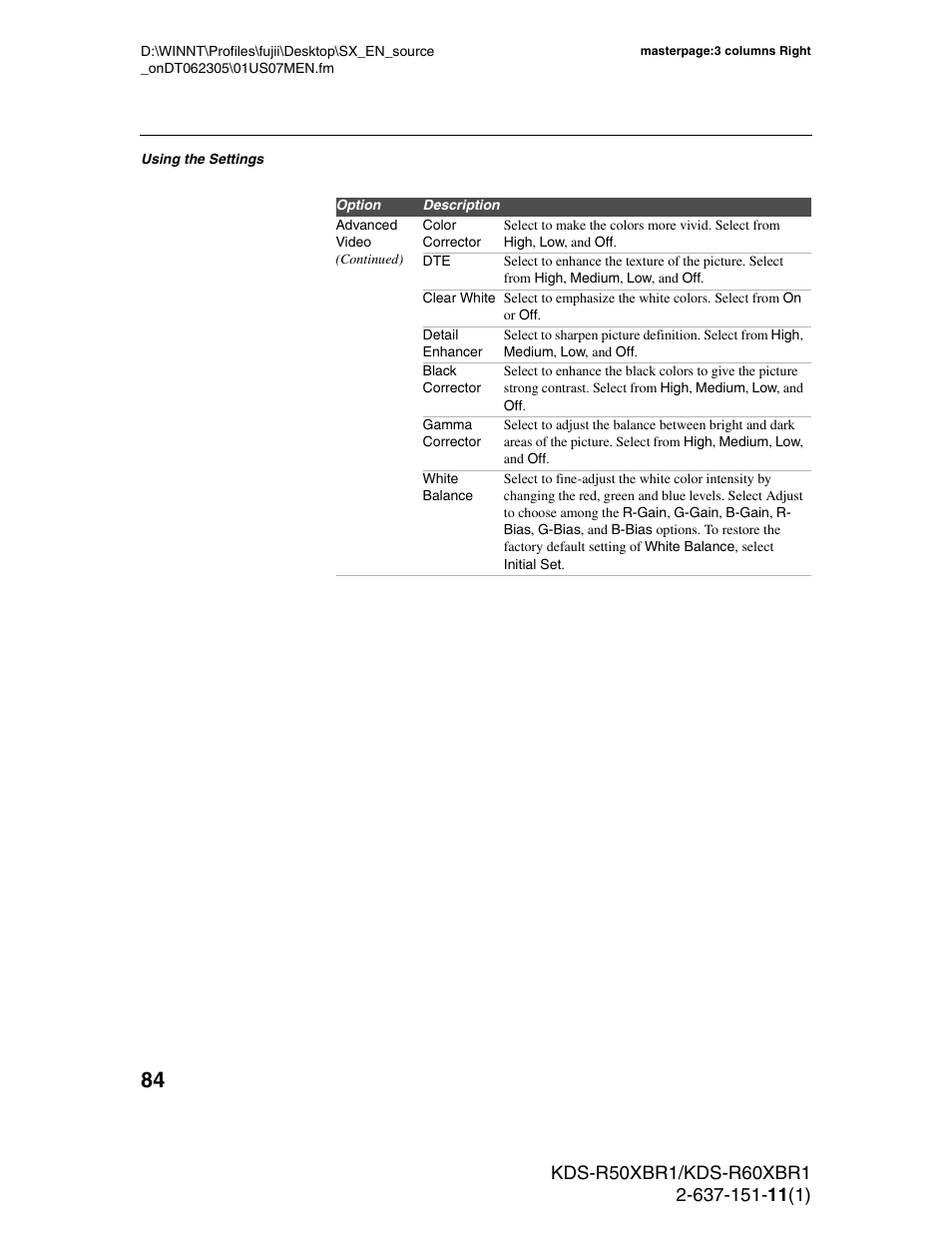 Sony KDS-R60XBR1 User Manual | Page 84 / 120