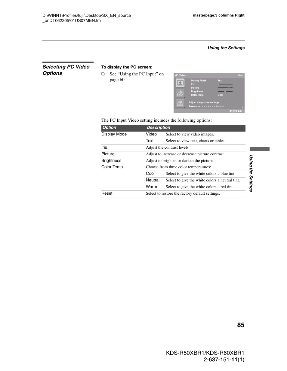 Selecting pc video options, S 85, 8 | Sony KDS-R60XBR1 User Manual | Page 85 / 120