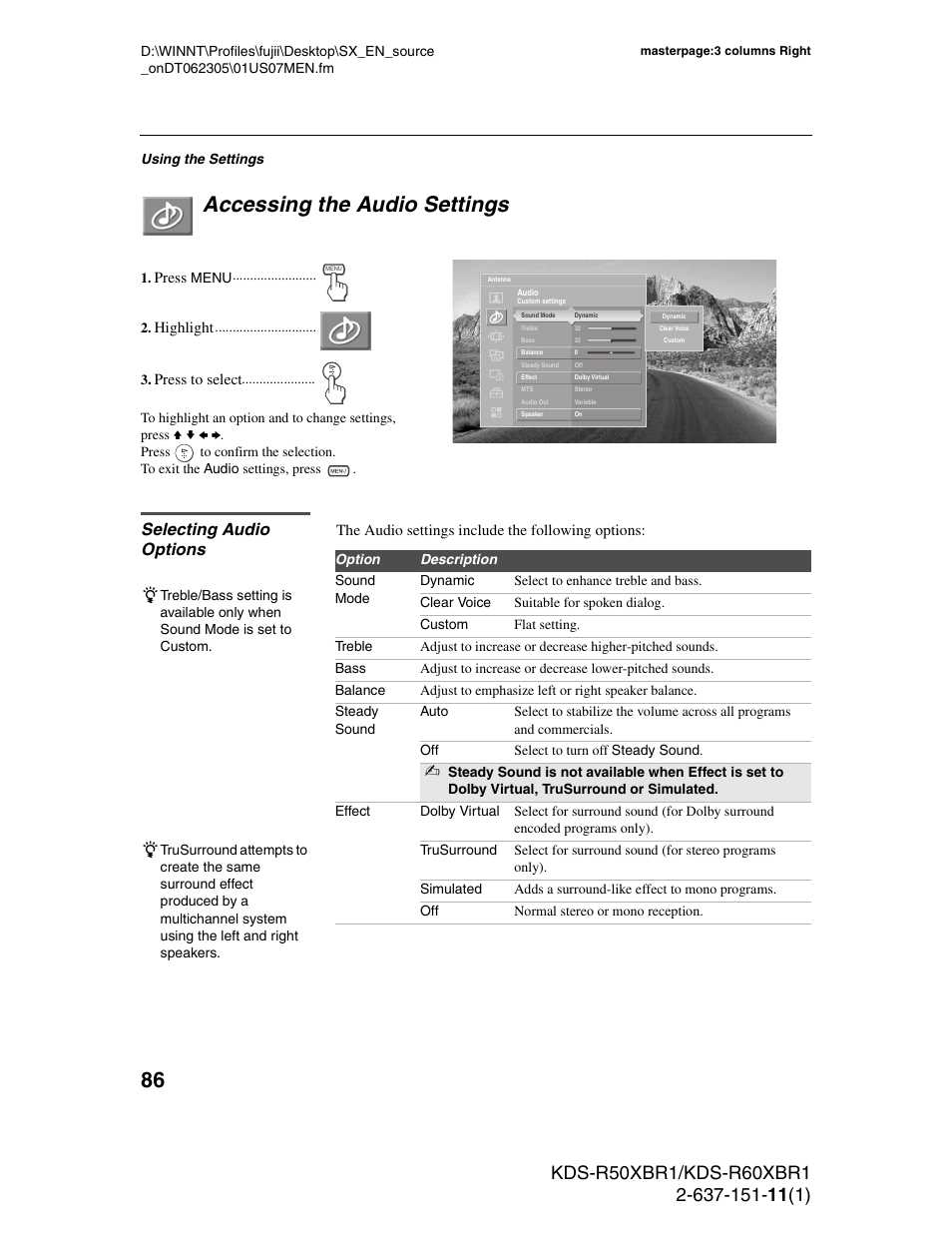 Accessing the audio settings, Selecting audio options | Sony KDS-R60XBR1 User Manual | Page 86 / 120