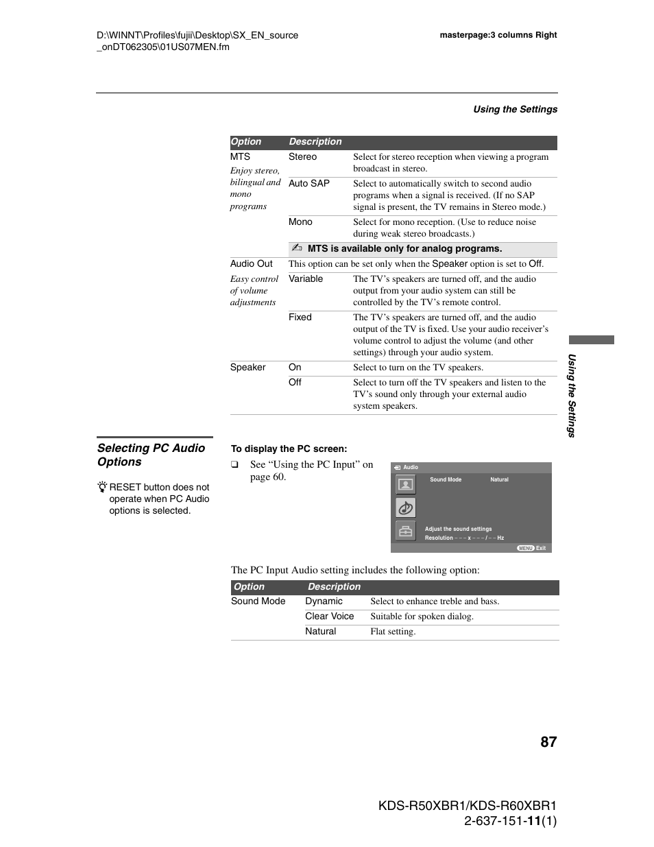 Selecting pc audio options | Sony KDS-R60XBR1 User Manual | Page 87 / 120