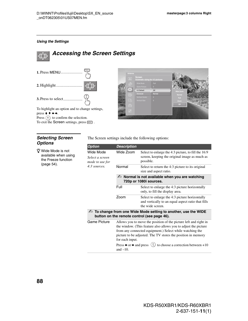 Accessing the screen settings, Selecting screen options | Sony KDS-R60XBR1 User Manual | Page 88 / 120