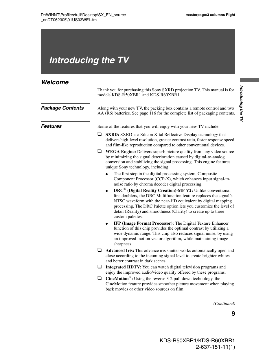 Introducing the tv, Welcome, Package contents | Features, Package contents features | Sony KDS-R60XBR1 User Manual | Page 9 / 120