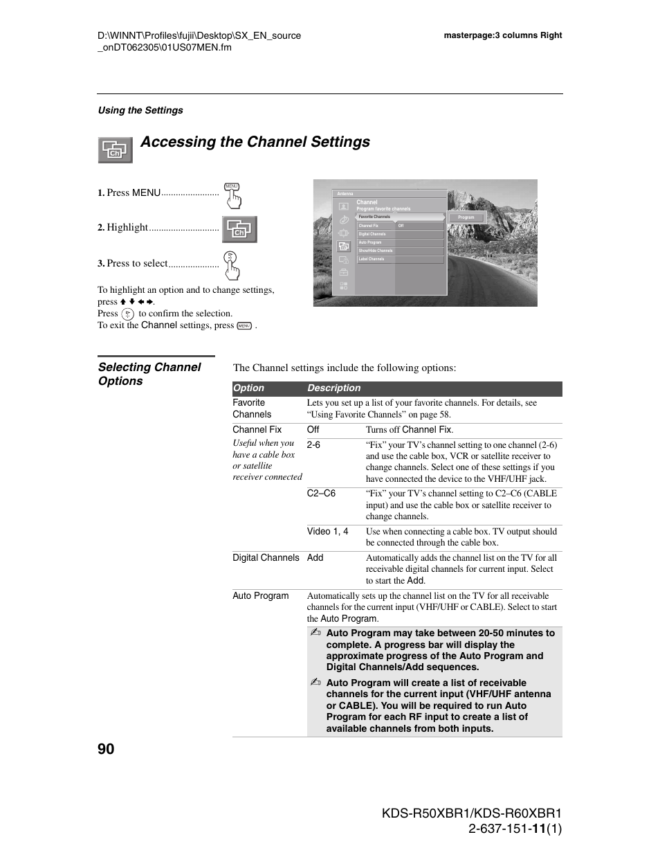 Accessing the channel settings, Selecting channel options | Sony KDS-R60XBR1 User Manual | Page 90 / 120