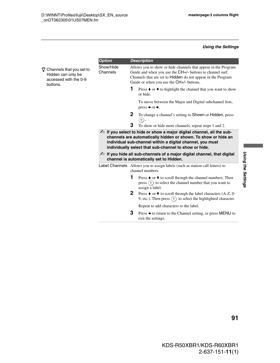 Sony KDS-R60XBR1 User Manual | Page 91 / 120