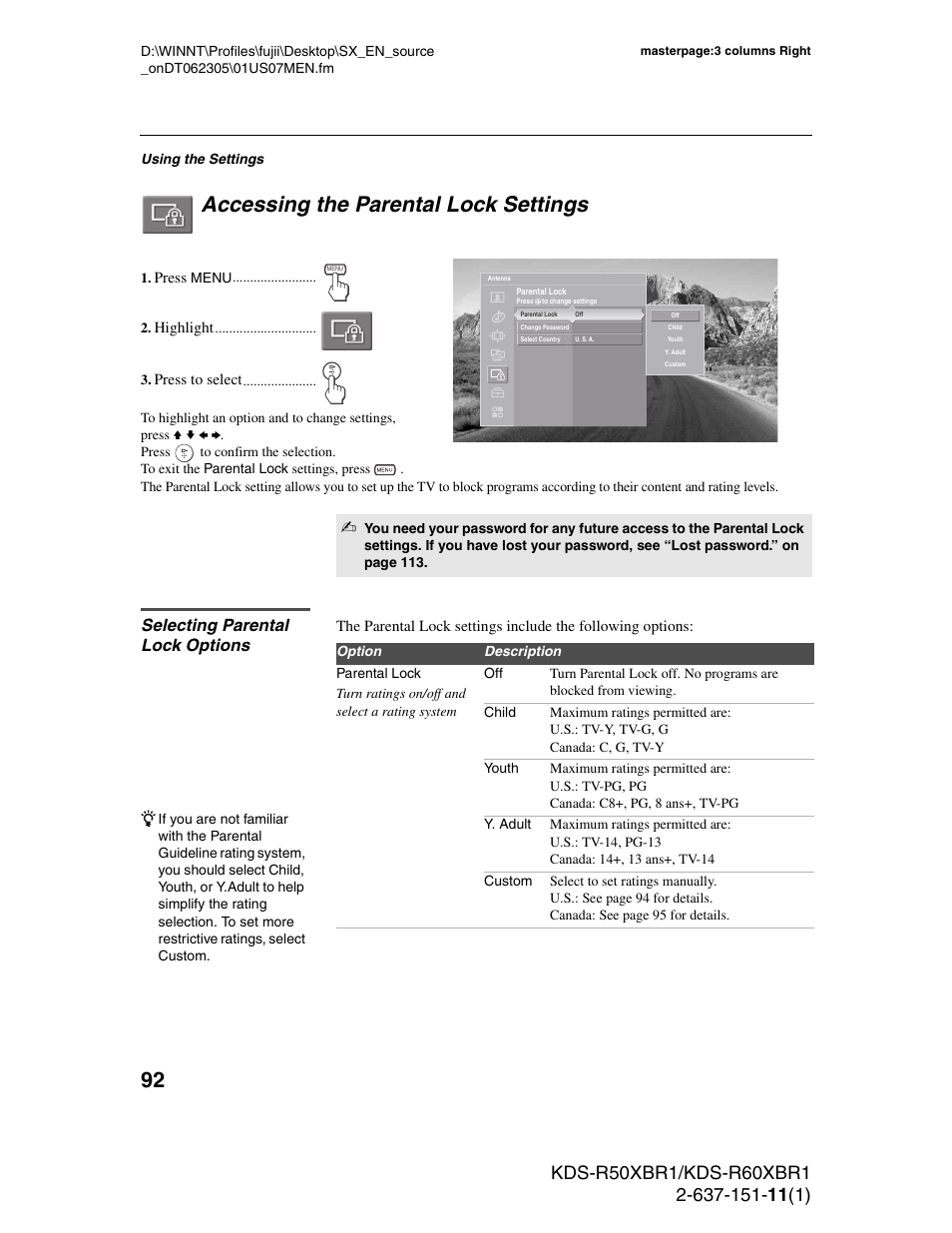 Accessing the parental lock settings, Selecting parental lock options | Sony KDS-R60XBR1 User Manual | Page 92 / 120