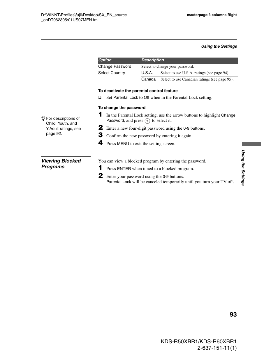 Viewing blocked programs | Sony KDS-R60XBR1 User Manual | Page 93 / 120