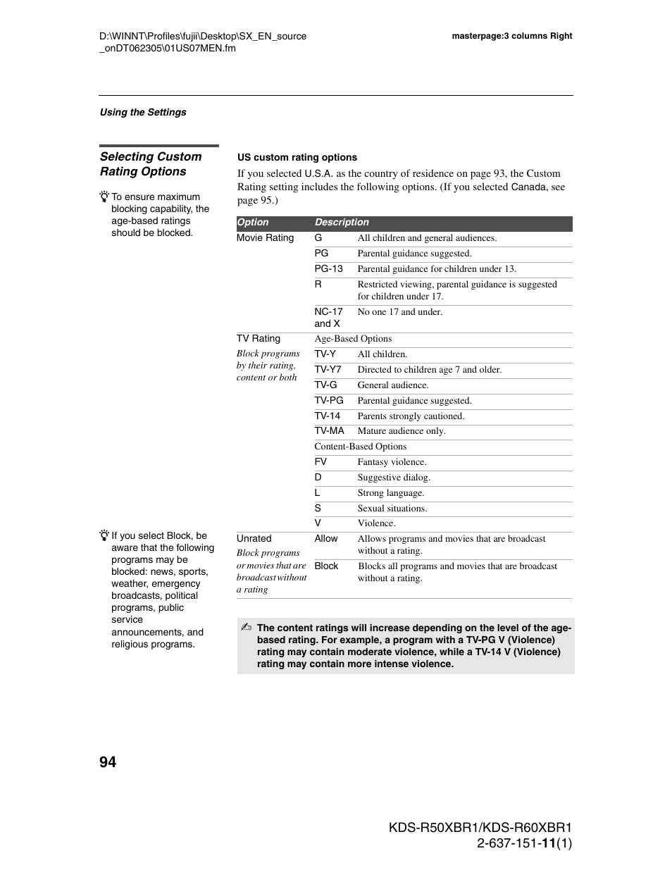 Selecting custom rating options | Sony KDS-R60XBR1 User Manual | Page 94 / 120