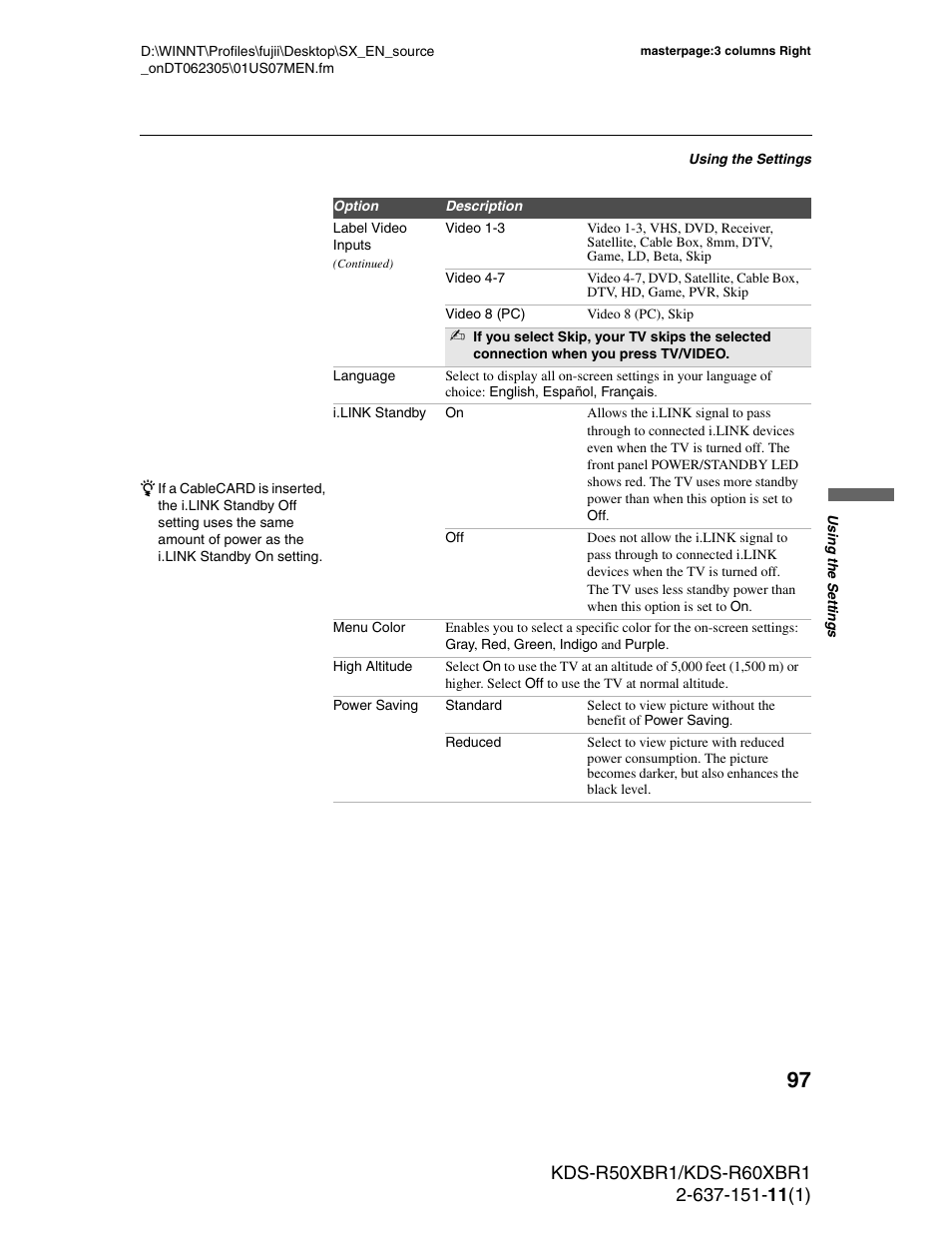 Sony KDS-R60XBR1 User Manual | Page 97 / 120