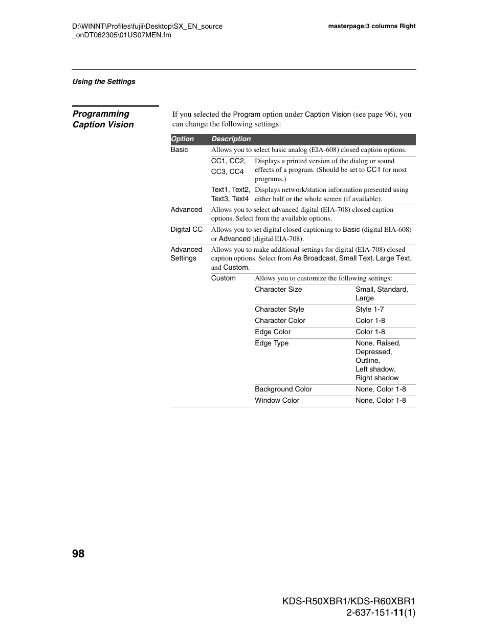 Programming caption vision | Sony KDS-R60XBR1 User Manual | Page 98 / 120