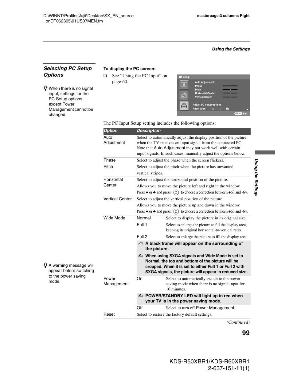 Selecting pc setup options, Nd 99 | Sony KDS-R60XBR1 User Manual | Page 99 / 120