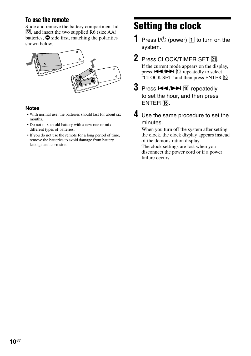Setting the clock, Setting the clock 1 | Sony RG590S User Manual | Page 10 / 32