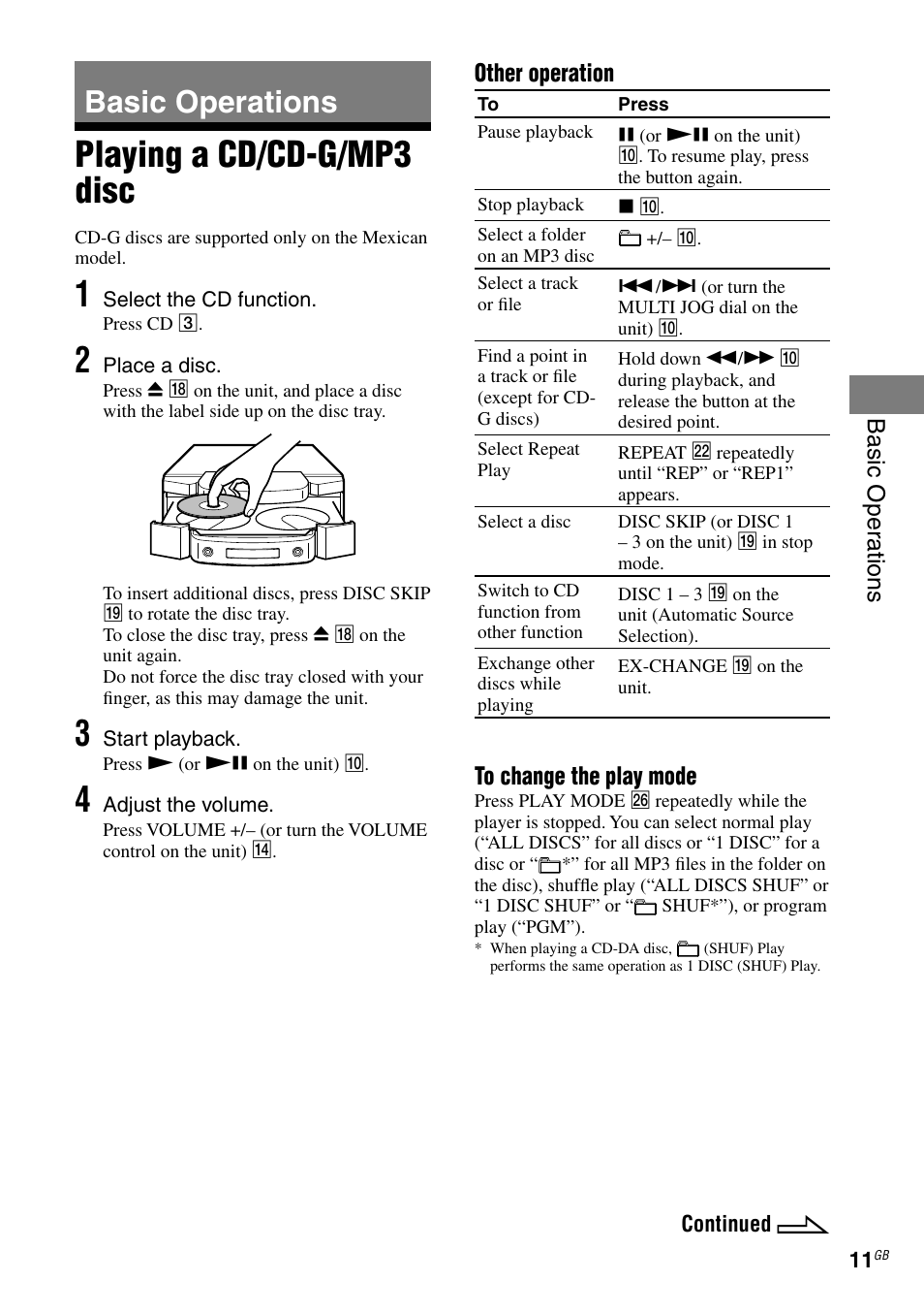 Basic operations, Playing a cd/cd-g/mp3 disc, Basic oper ations | Other operation | Sony RG590S User Manual | Page 11 / 32