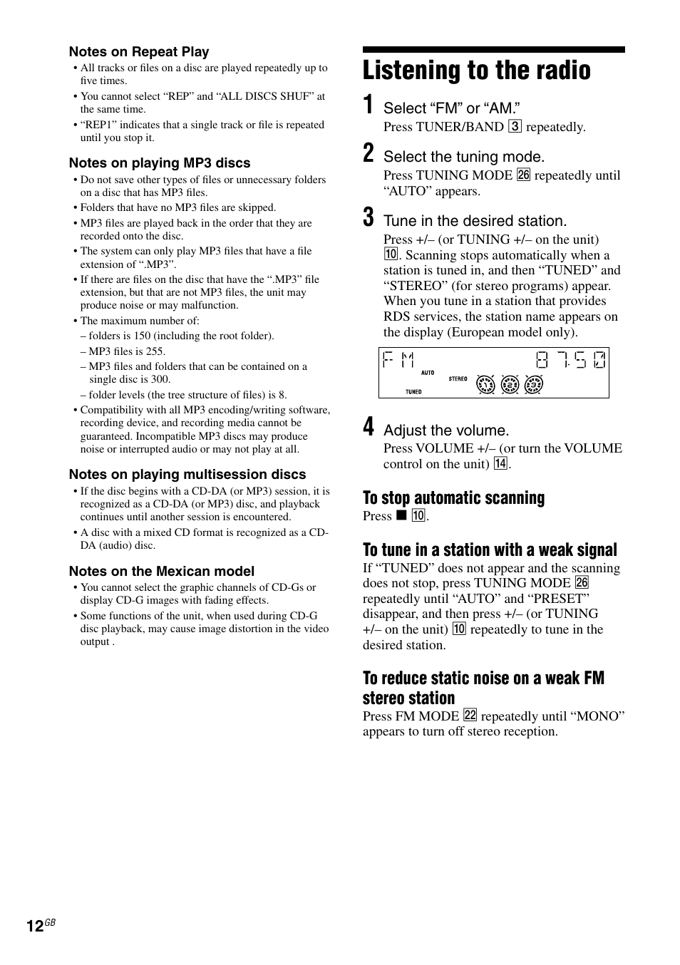 Listening to the radio, Listening to the radio 1 | Sony RG590S User Manual | Page 12 / 32