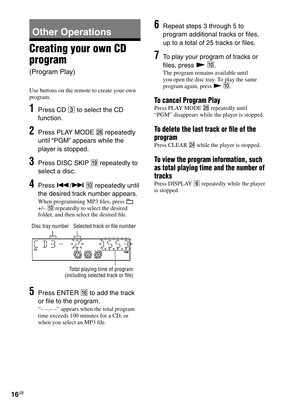 Other operations, Creating your own cd program, Program play) | Sony RG590S User Manual | Page 16 / 32