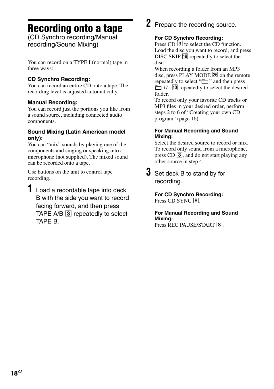Recording onto a tape, Cd synchro recording/manual, Recording/sound mixing) | Sony RG590S User Manual | Page 18 / 32