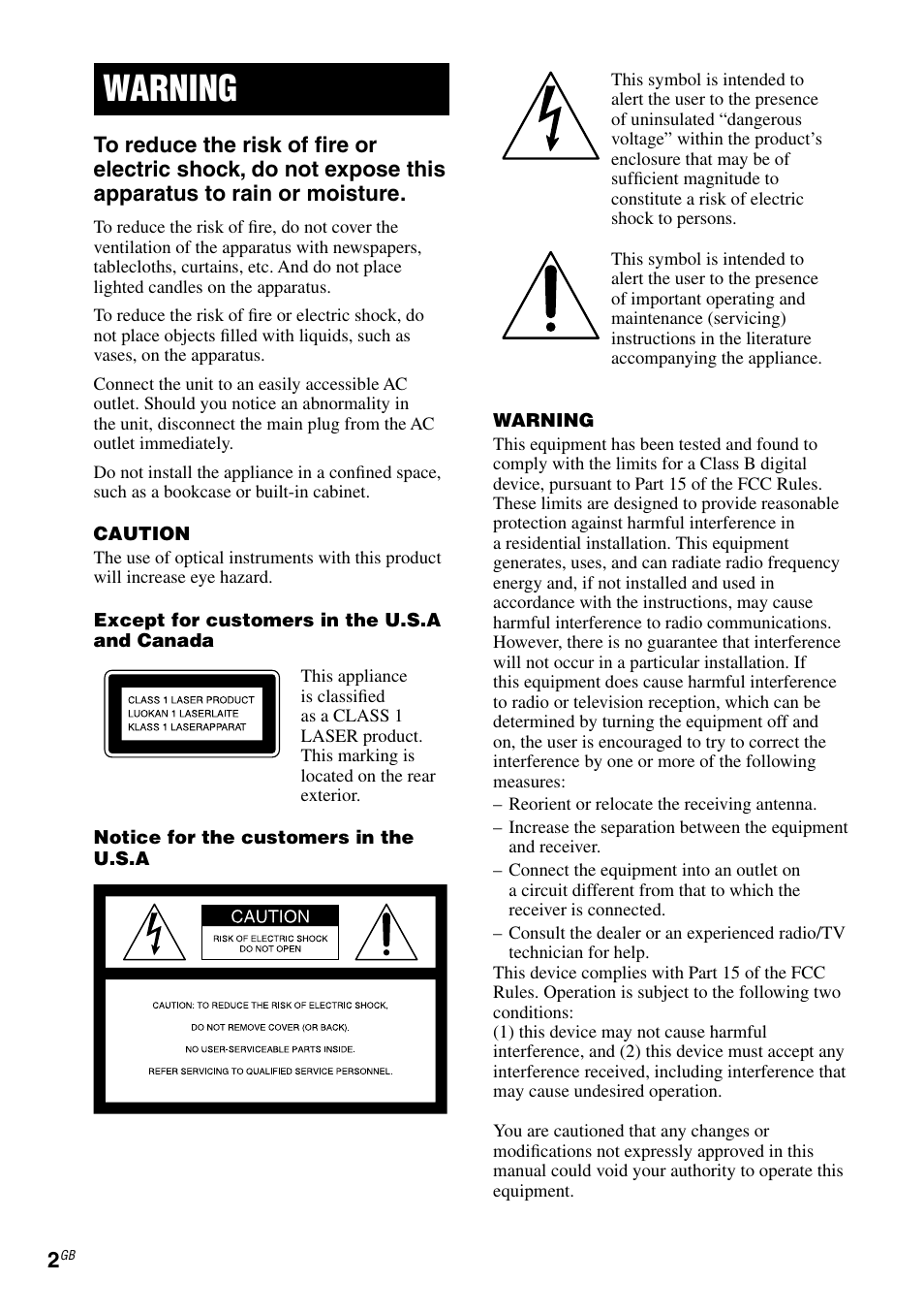 Warning | Sony RG590S User Manual | Page 2 / 32