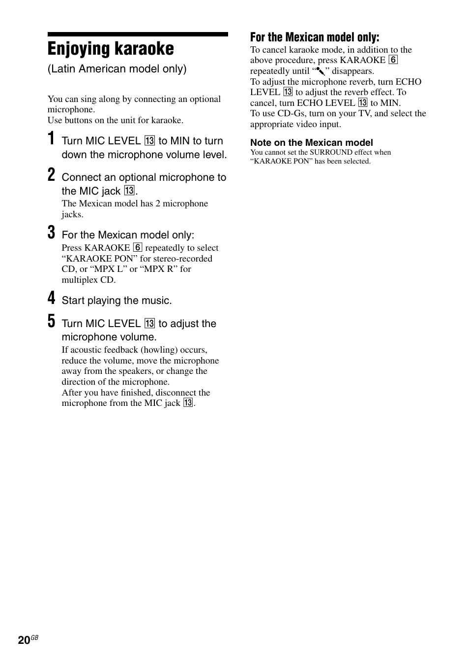 Enjoying karaoke, Latin american model only) | Sony RG590S User Manual | Page 20 / 32