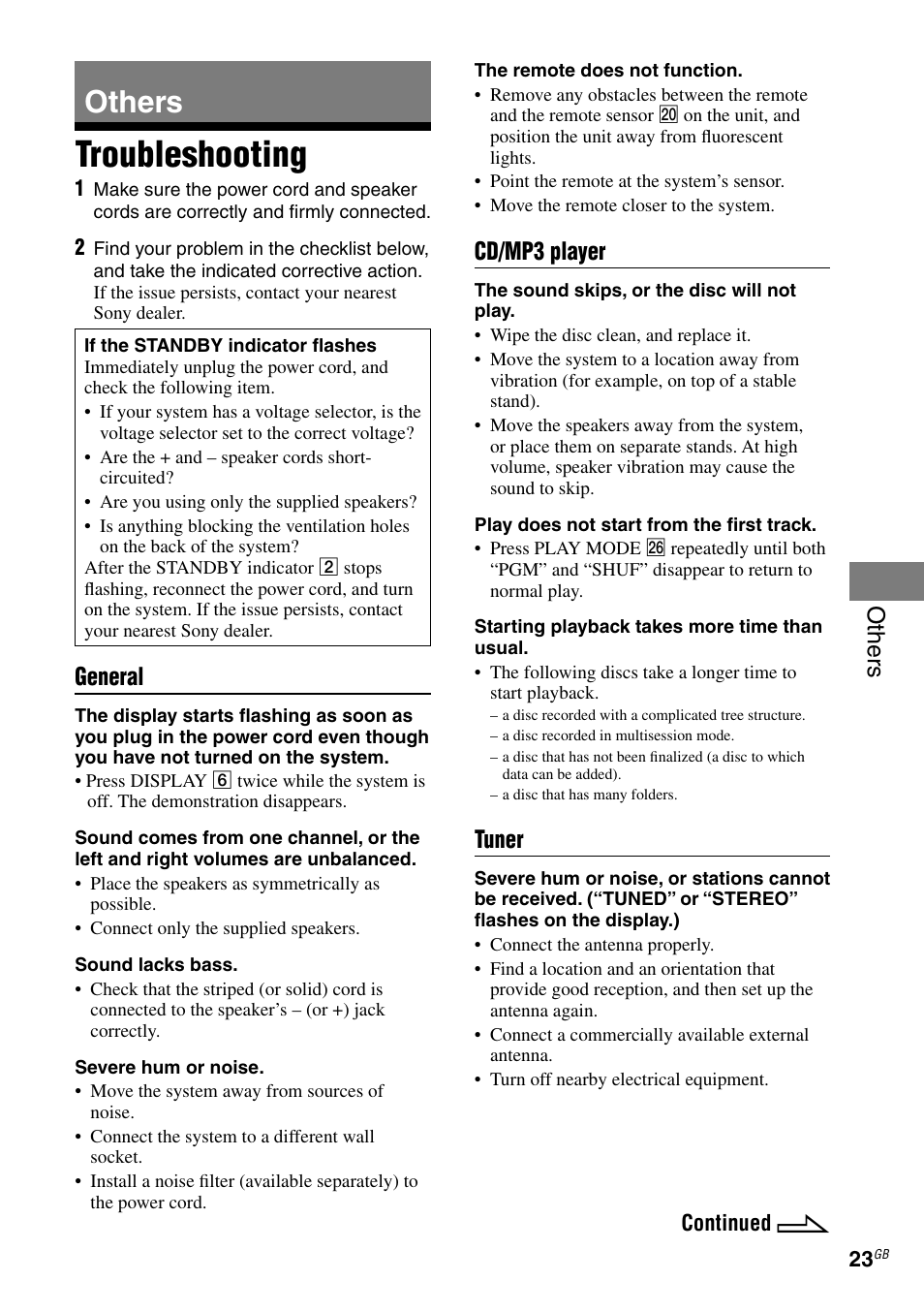 Others, Troubleshooting, General | Cd/mp3 player, Tuner | Sony RG590S User Manual | Page 23 / 32