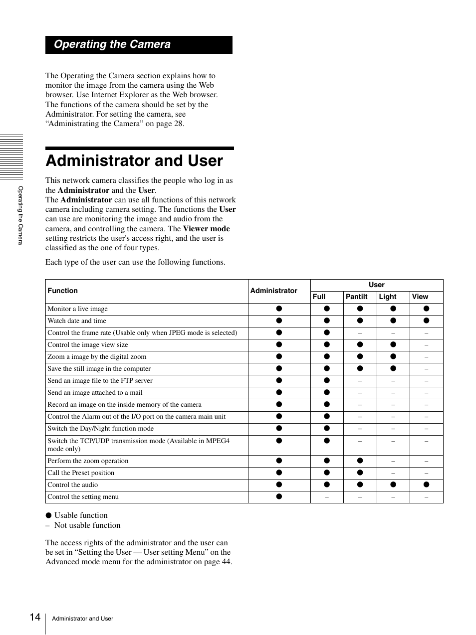 Operating the camera, Administrator and user | Sony IPELA SNC-RZ25P User Manual | Page 14 / 81