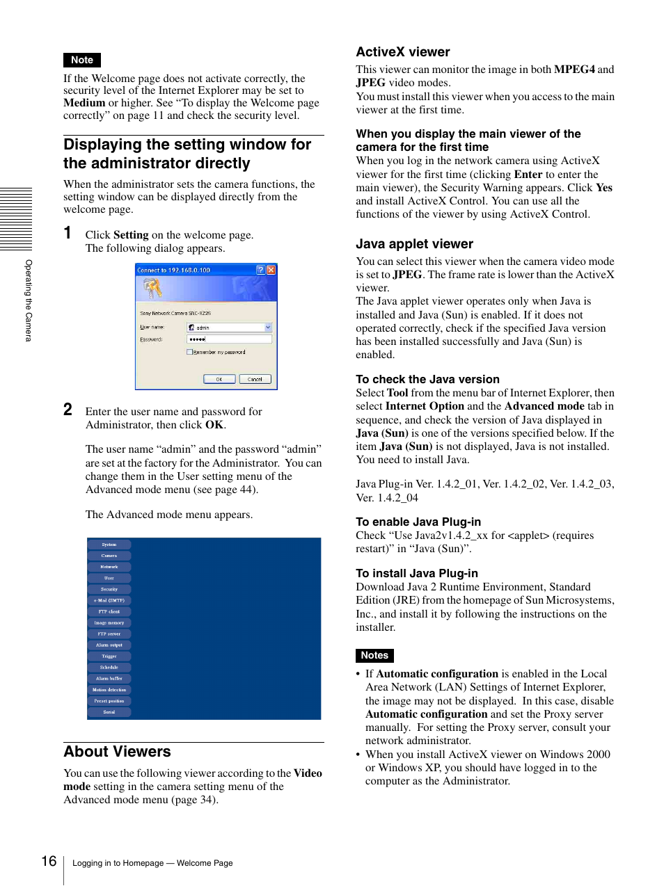 About viewers, Displaying the setting window for the, Administrator directly | Sony IPELA SNC-RZ25P User Manual | Page 16 / 81