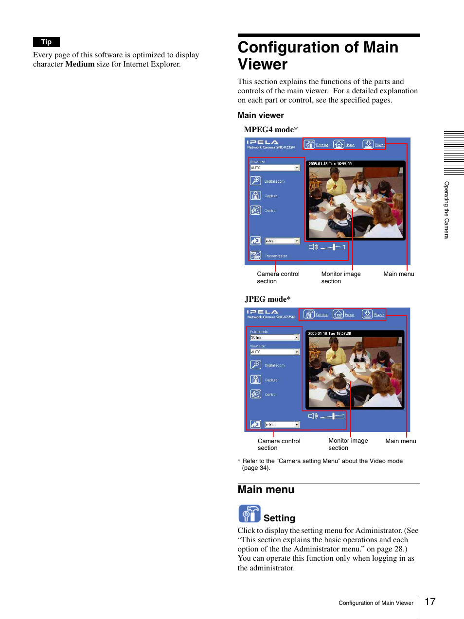 Configuration of main viewer, Main menu, Setting | Sony IPELA SNC-RZ25P User Manual | Page 17 / 81