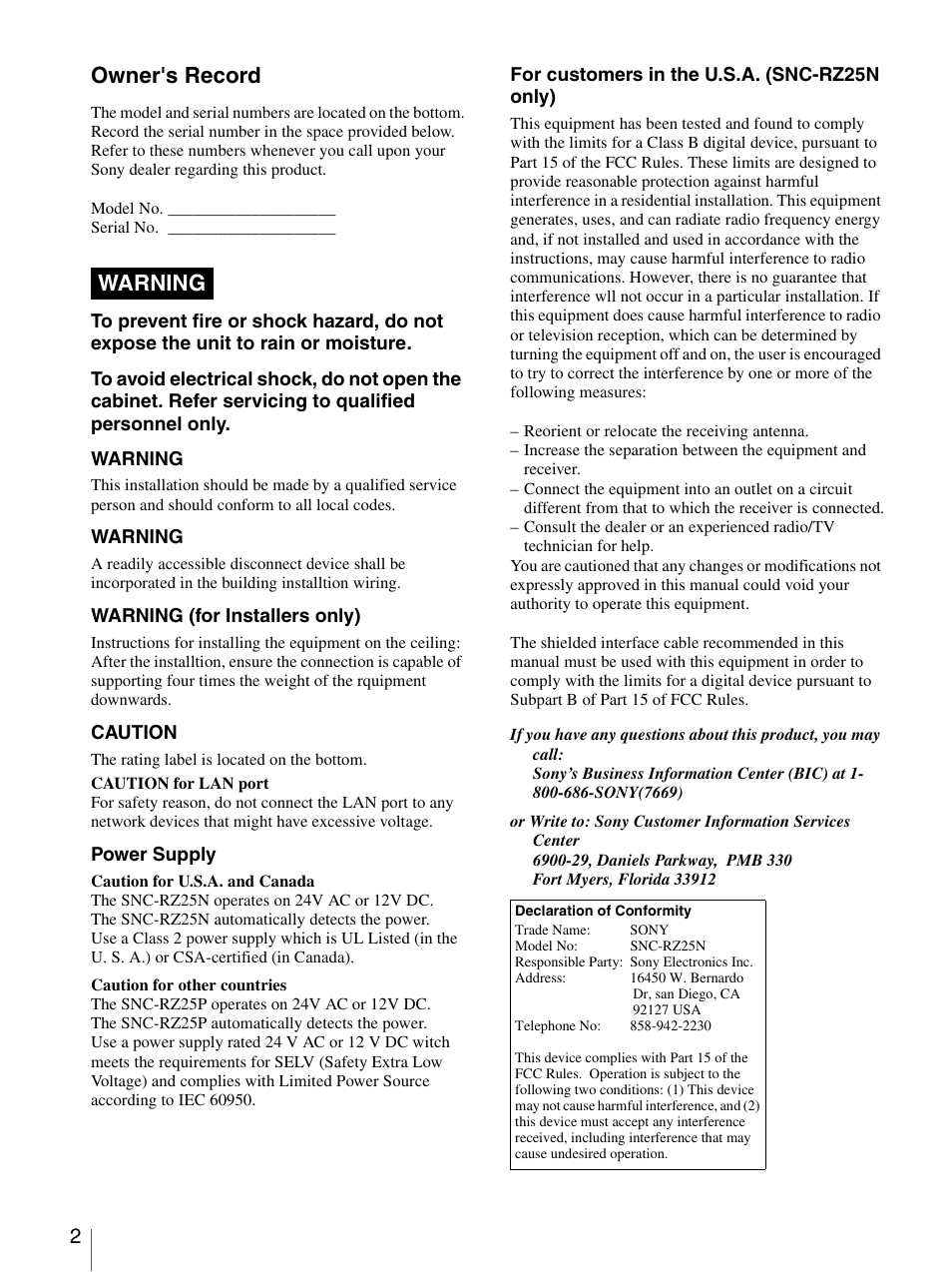 Owner's record, Warning | Sony IPELA SNC-RZ25P User Manual | Page 2 / 81