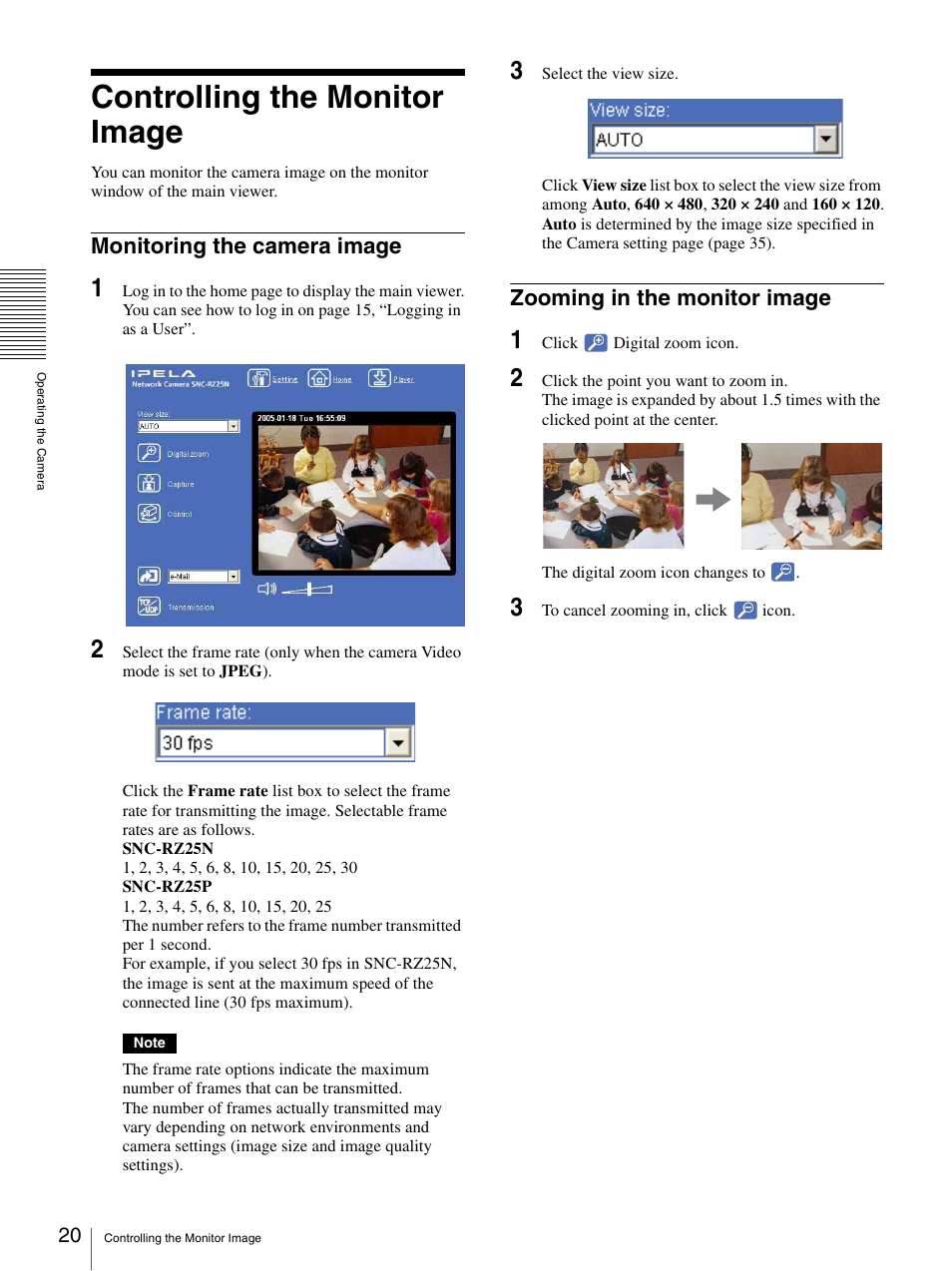 Controlling the monitor image, Monitoring the camera image, Zooming in the monitor image | Sony IPELA SNC-RZ25P User Manual | Page 20 / 81