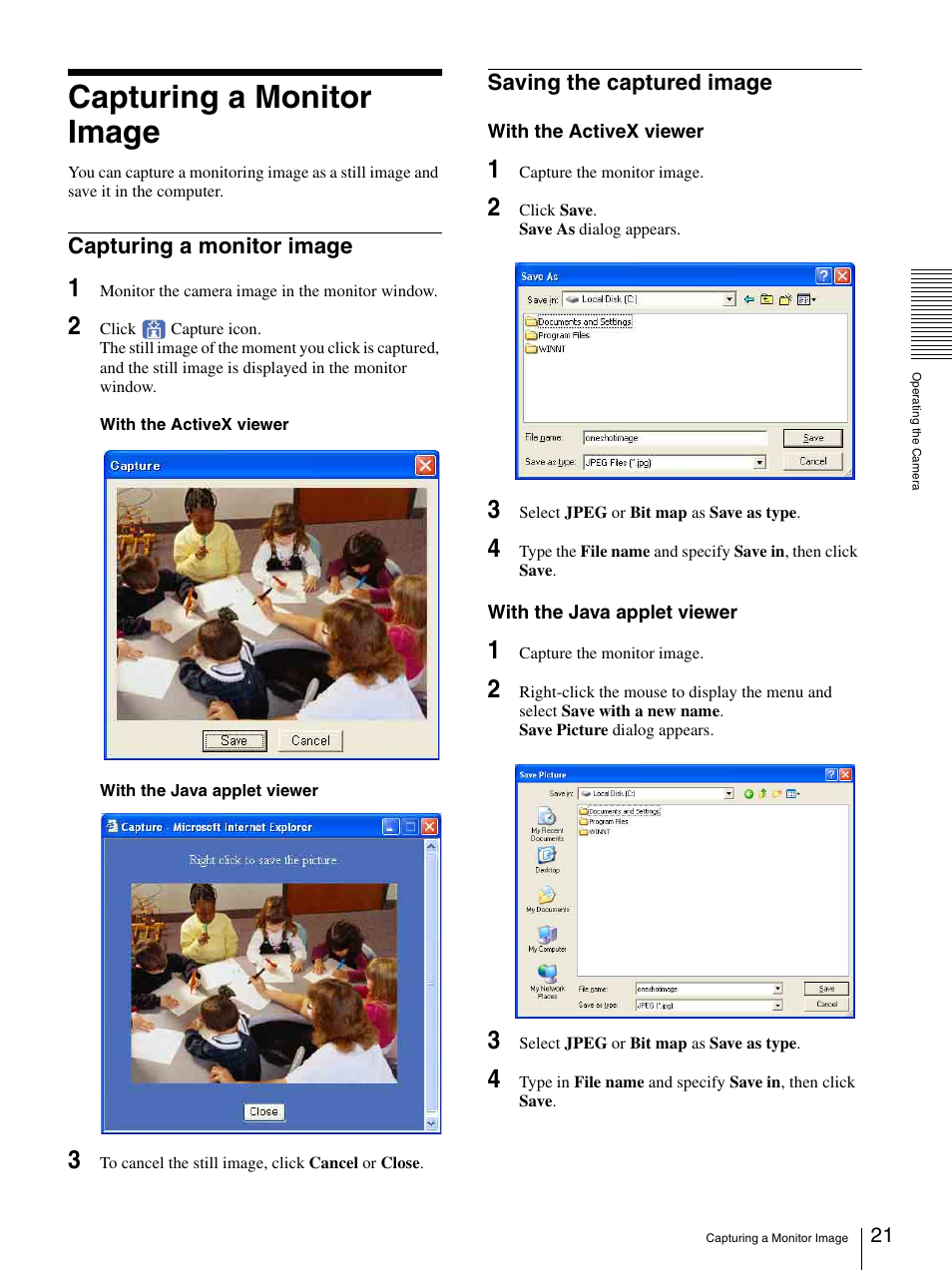 Capturing a monitor image, Saving the captured image | Sony IPELA SNC-RZ25P User Manual | Page 21 / 81