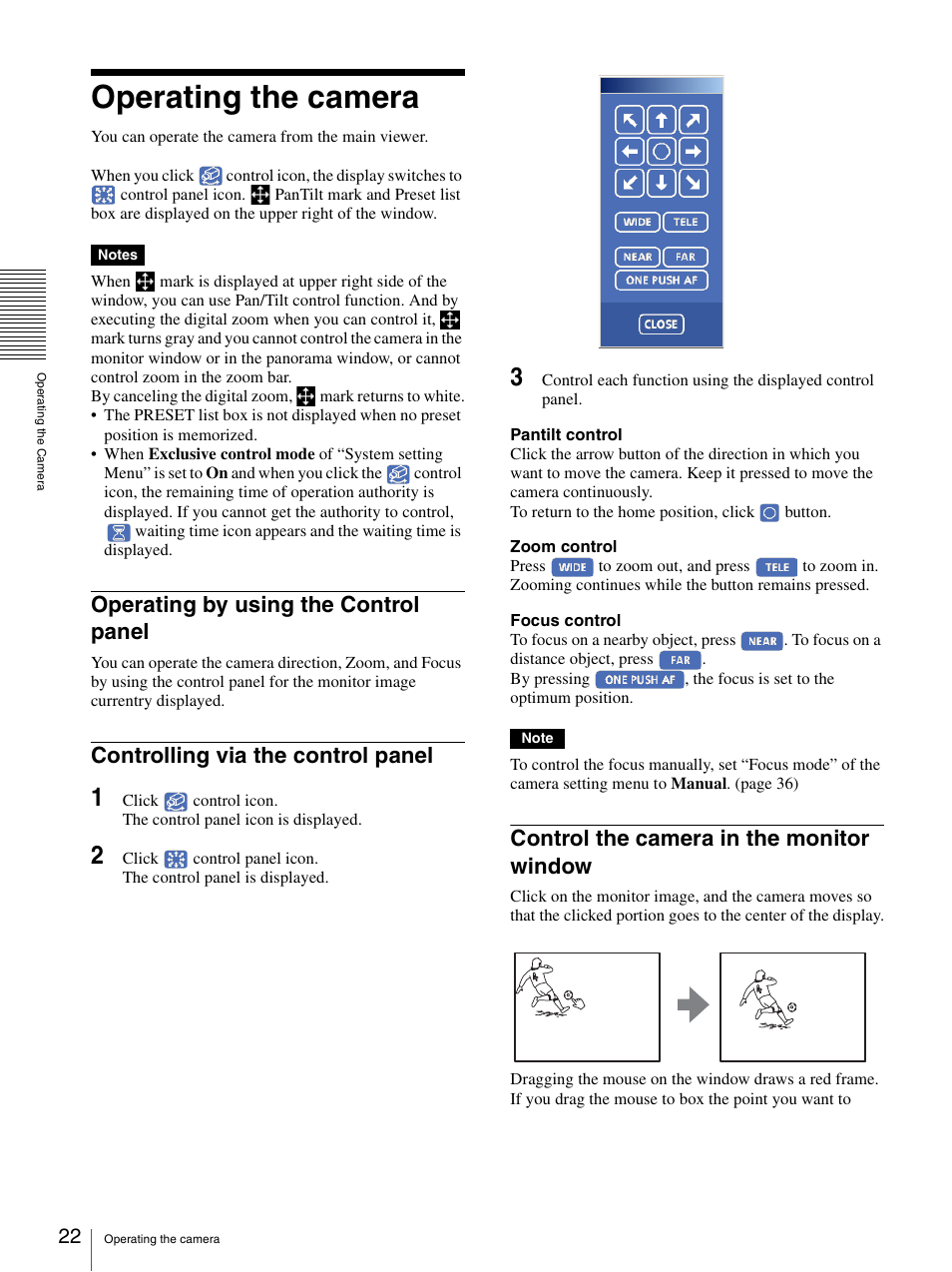 Operating the camera, Operating by using the control panel, Controlling via the control panel | Control the camera in the monitor window | Sony IPELA SNC-RZ25P User Manual | Page 22 / 81