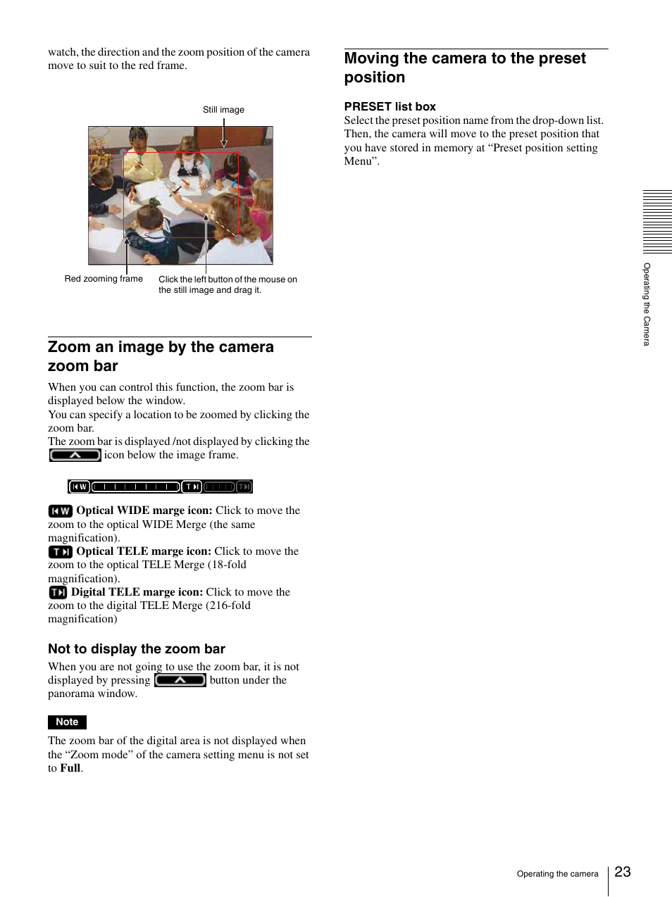 Zoom an image by the camera zoom bar, Moving the camera to the preset position, Not to display the zoom bar | Sony IPELA SNC-RZ25P User Manual | Page 23 / 81