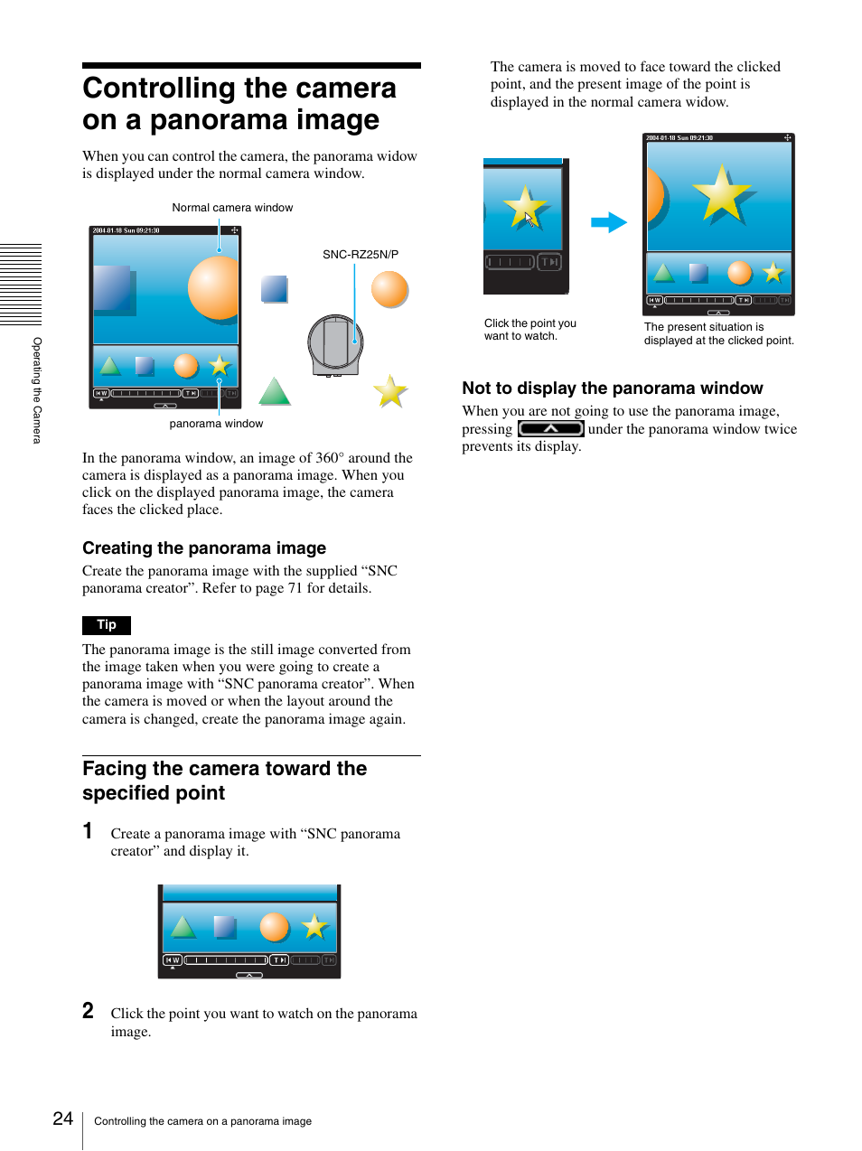 Controlling the camera on a panorama image, Facing the camera toward the specified point, Controlling the camera on a panorama image . 24 | Sony IPELA SNC-RZ25P User Manual | Page 24 / 81