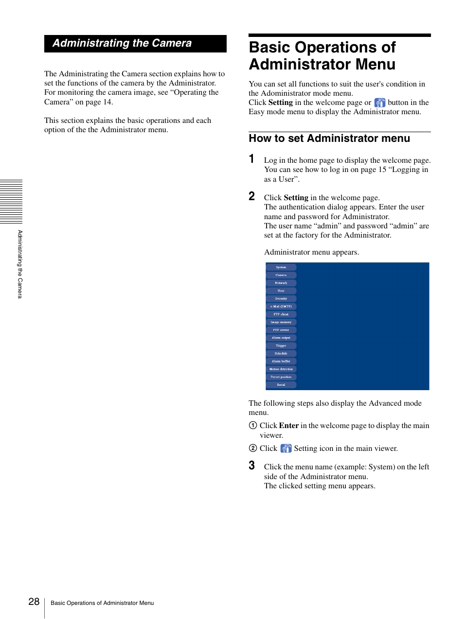 Administrating the camera, Basic operations of administrator menu, How to set administrator menu | Sony IPELA SNC-RZ25P User Manual | Page 28 / 81