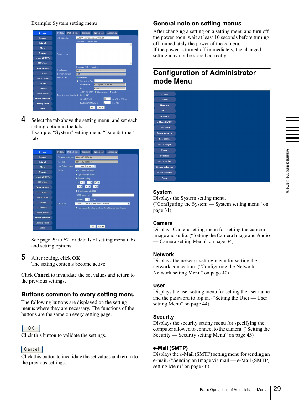 Configuration of administrator mode menu, Configuration of adoministrator mode menu, Buttons common to every setting menu | Sony IPELA SNC-RZ25P User Manual | Page 29 / 81