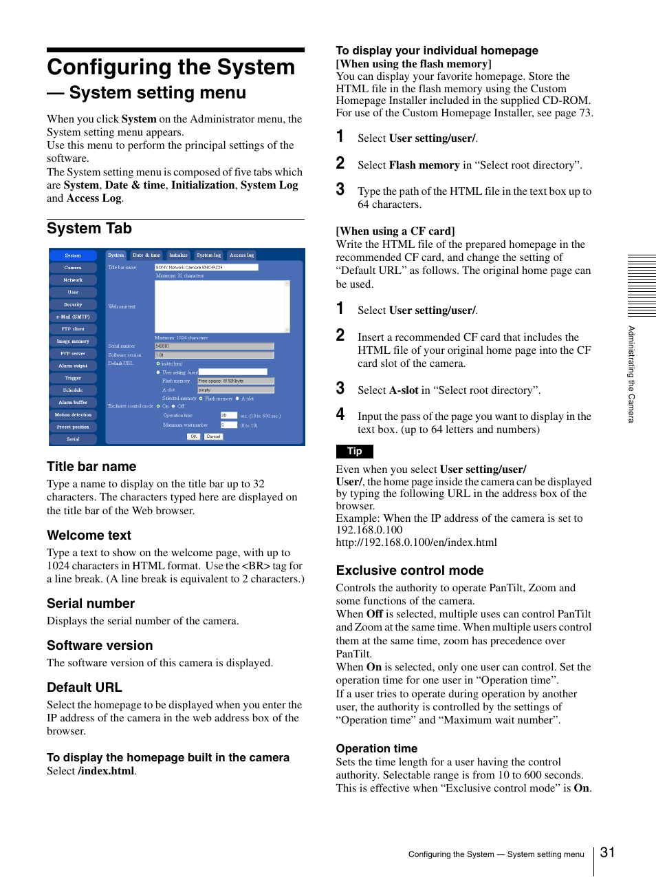 Configuring the system - system setting menu, System tab, Configuring the system — system setting | Configuring the system, System setting menu | Sony IPELA SNC-RZ25P User Manual | Page 31 / 81