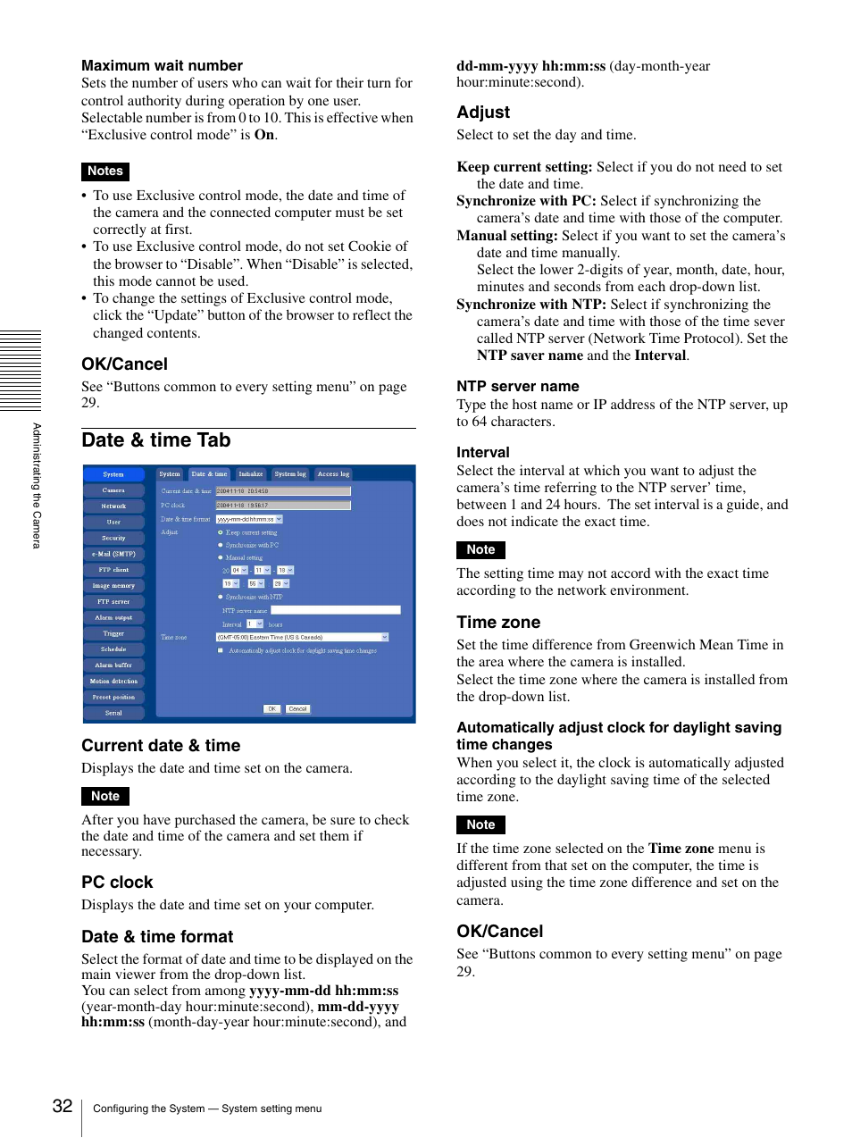 Date & time tab, Ok/cancel, Current date & time | Pc clock, Date & time format, Adjust, Time zone | Sony IPELA SNC-RZ25P User Manual | Page 32 / 81