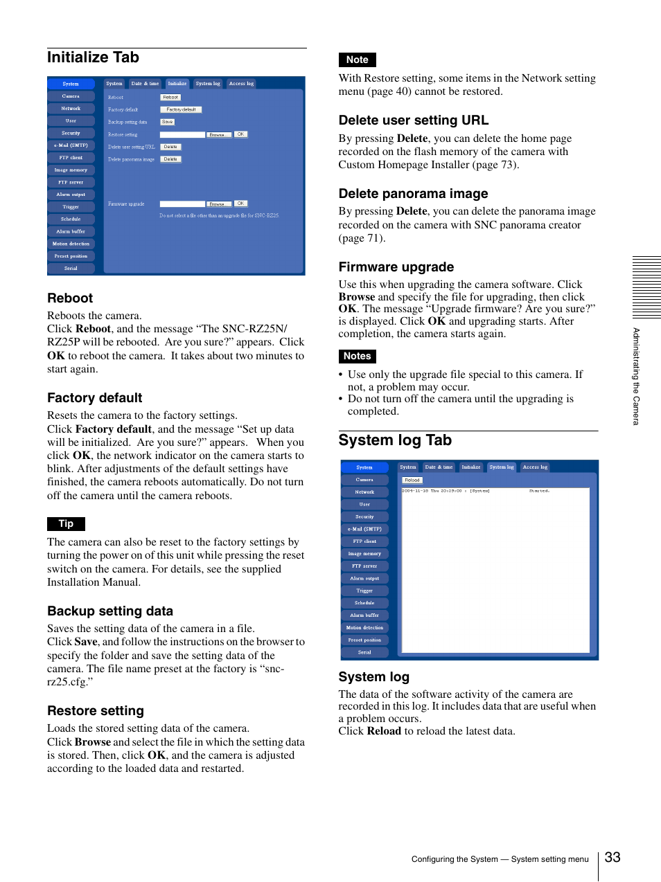 Initialize tab, System log tab, Initialize tab system log tab | Sony IPELA SNC-RZ25P User Manual | Page 33 / 81
