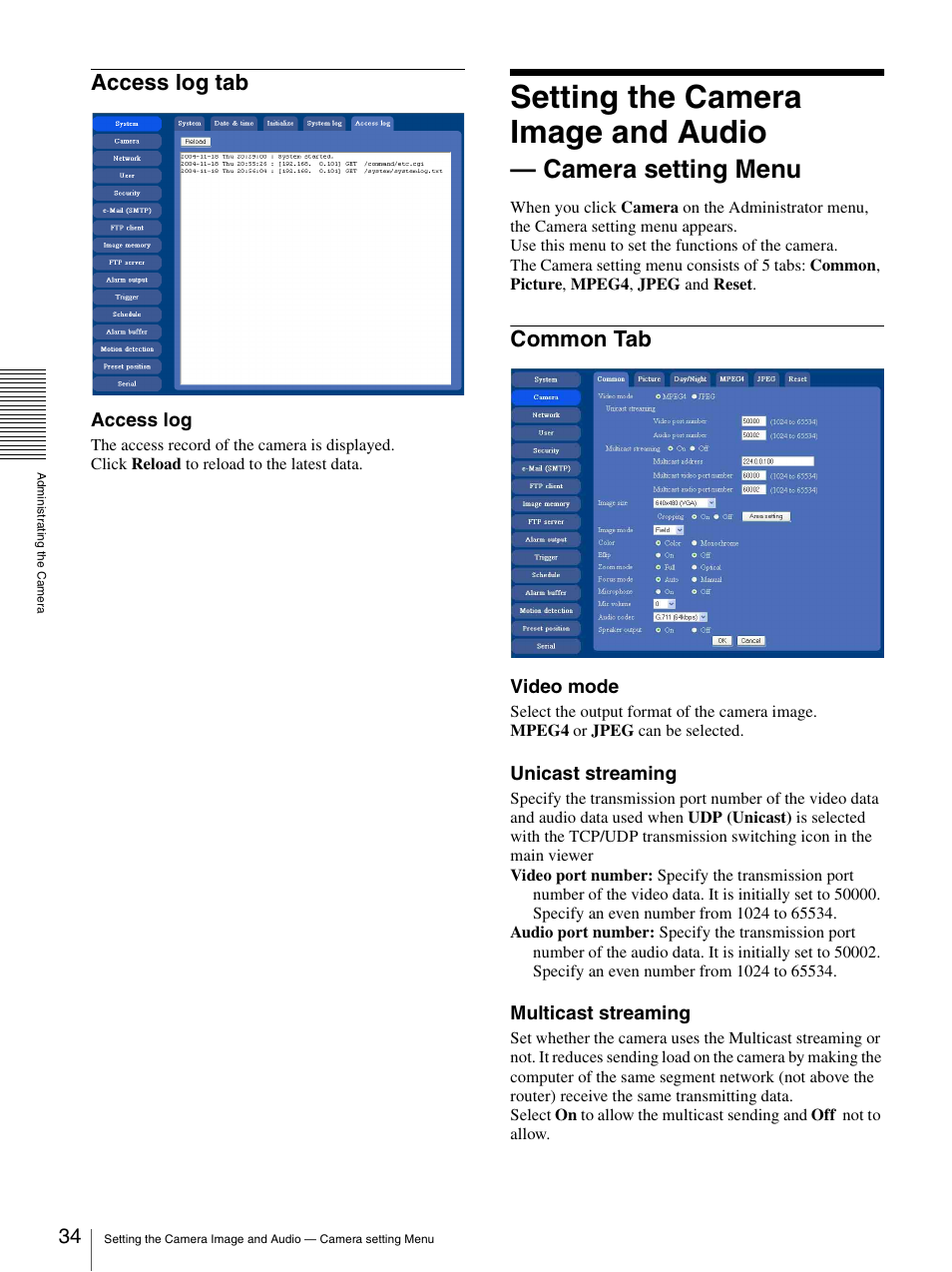 Access log tab, Common tab, Setting the camera image and audio | Camera setting menu | Sony IPELA SNC-RZ25P User Manual | Page 34 / 81