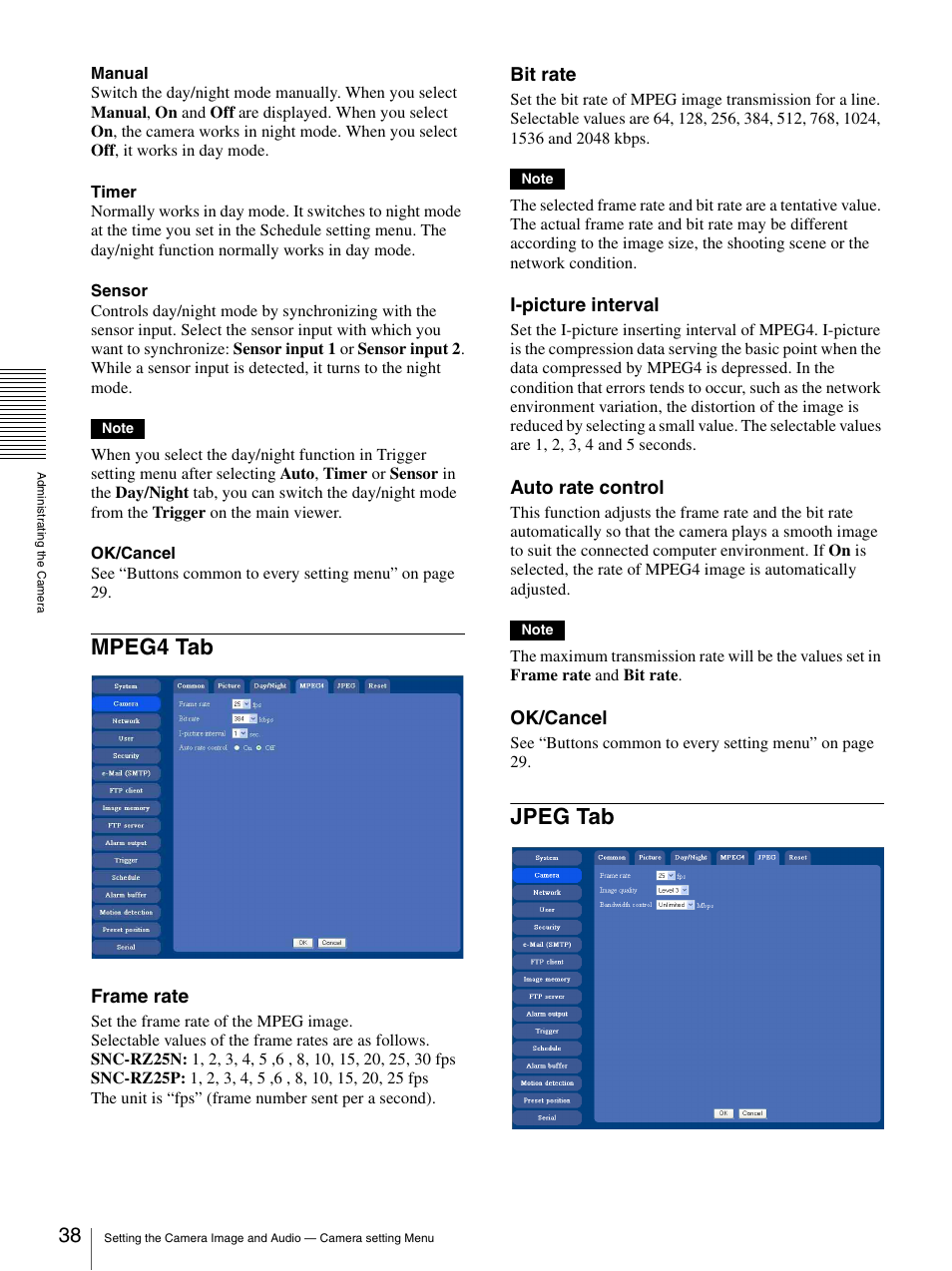 Mpeg4 tab, Jpeg tab, Mpeg4 tab jpeg tab | Frame rate, Bit rate, I-picture interval, Auto rate control, Ok/cancel | Sony IPELA SNC-RZ25P User Manual | Page 38 / 81