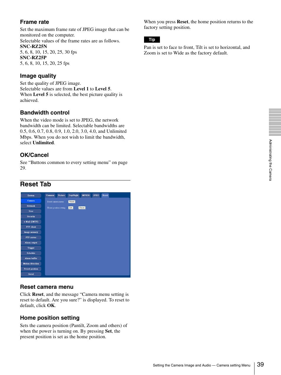Reset tab, Frame rate, Image quality | Bandwidth control, Ok/cancel, Reset camera menu, Home position setting | Sony IPELA SNC-RZ25P User Manual | Page 39 / 81