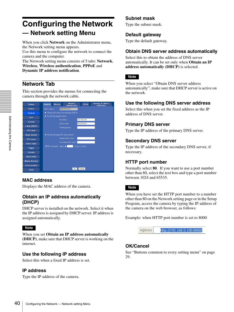 Configuring the network - network setting menu, Network tab, Configuring the network — network setting menu | Configuring the network, Network setting menu | Sony IPELA SNC-RZ25P User Manual | Page 40 / 81