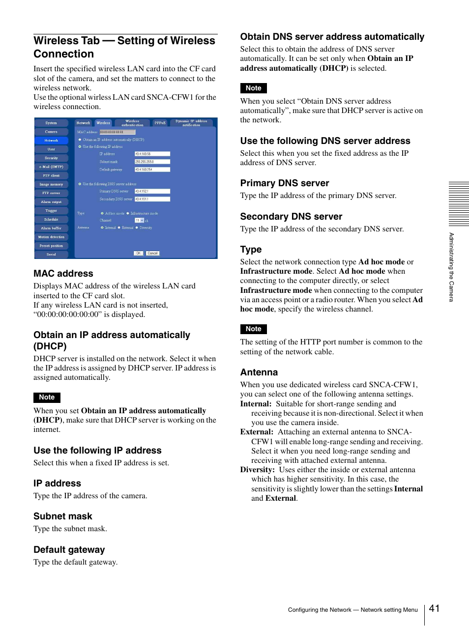 Wireless tab - setting of wireless connection, Wireless tab, Setting of wireless | Connection, Setting of wireless connection | Sony IPELA SNC-RZ25P User Manual | Page 41 / 81