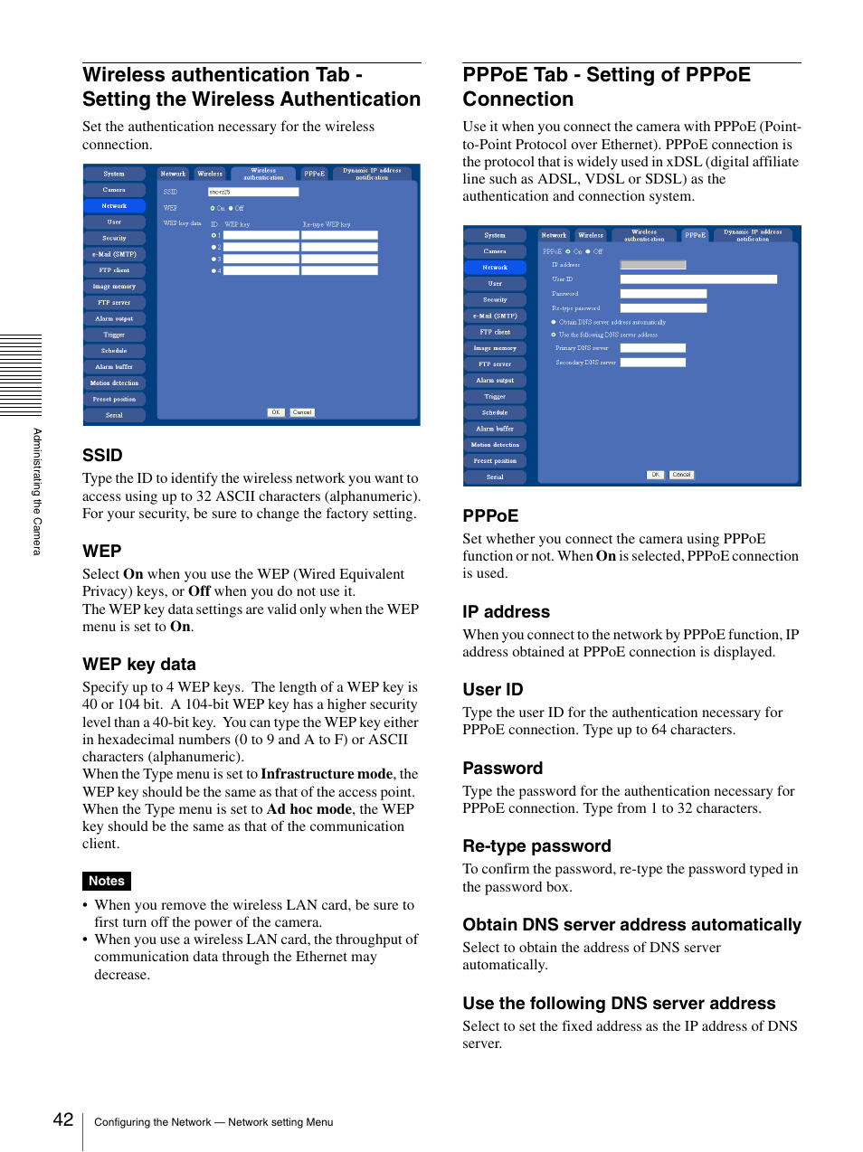 Pppoe tab - setting of pppoe connection, Wireless authentication tab - setting the wireless, Authentication | Sony IPELA SNC-RZ25P User Manual | Page 42 / 81