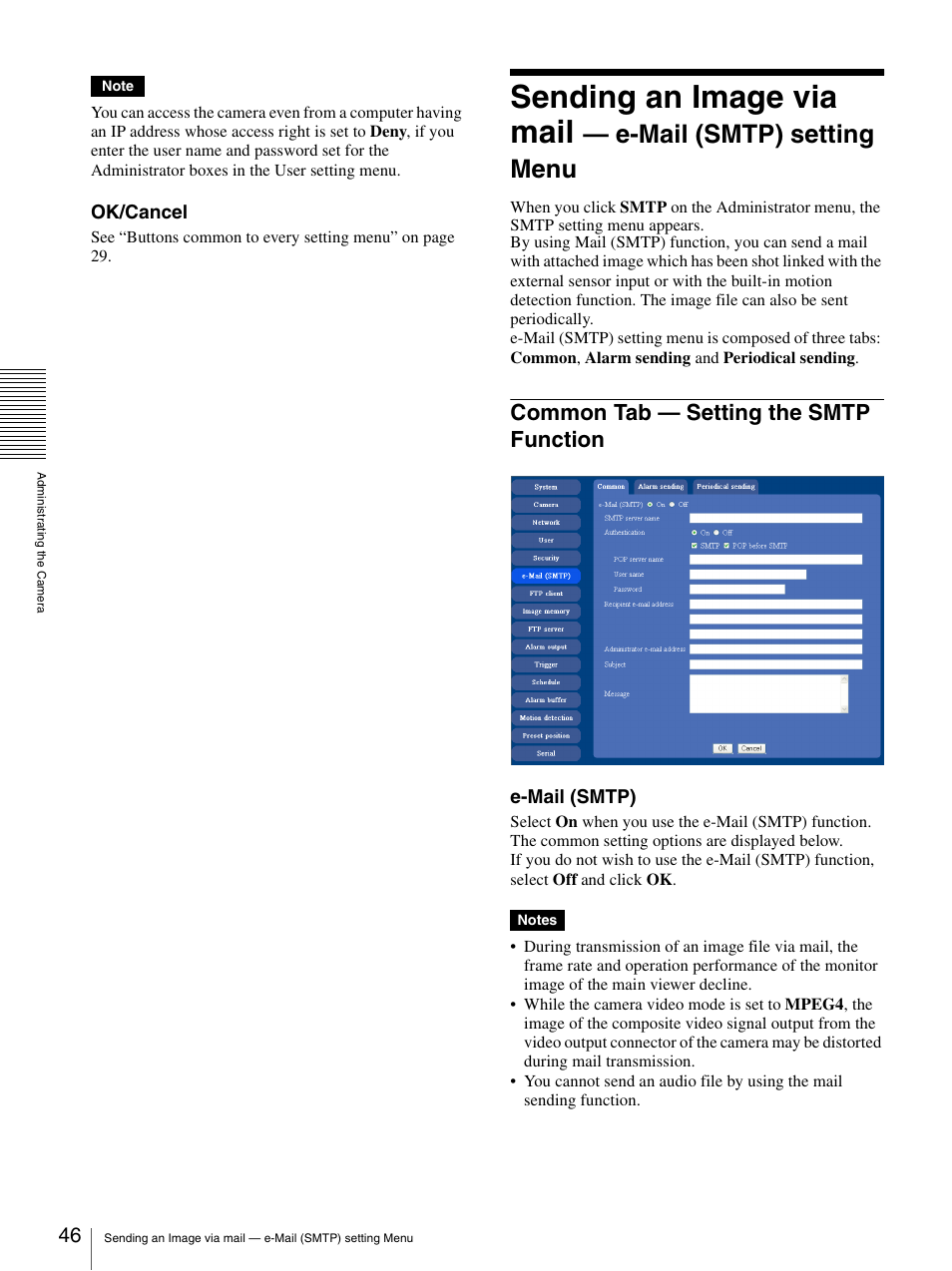 Common tab - setting the smtp function, Common tab — setting the smtp function, Sending an image via mail | E-mail (smtp) setting menu | Sony IPELA SNC-RZ25P User Manual | Page 46 / 81