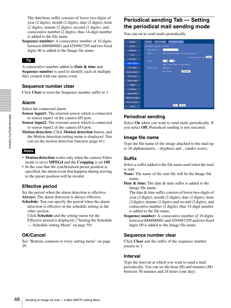 Periodical sending tab — setting the periodical, Mail sending mode | Sony IPELA SNC-RZ25P User Manual | Page 48 / 81