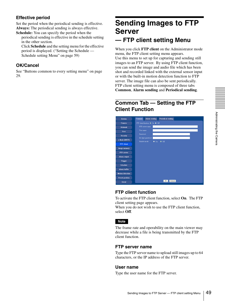Common tab - setting the ftp client function, Common tab — setting the ftp client, Function | Sending images to ftp server, Ftp client setting menu, Common tab — setting the ftp client function | Sony IPELA SNC-RZ25P User Manual | Page 49 / 81
