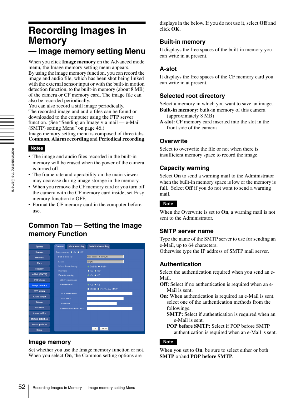 Common tab - setting the image memory function, Common tab — setting the image memory, Function | Sony IPELA SNC-RZ25P User Manual | Page 52 / 81