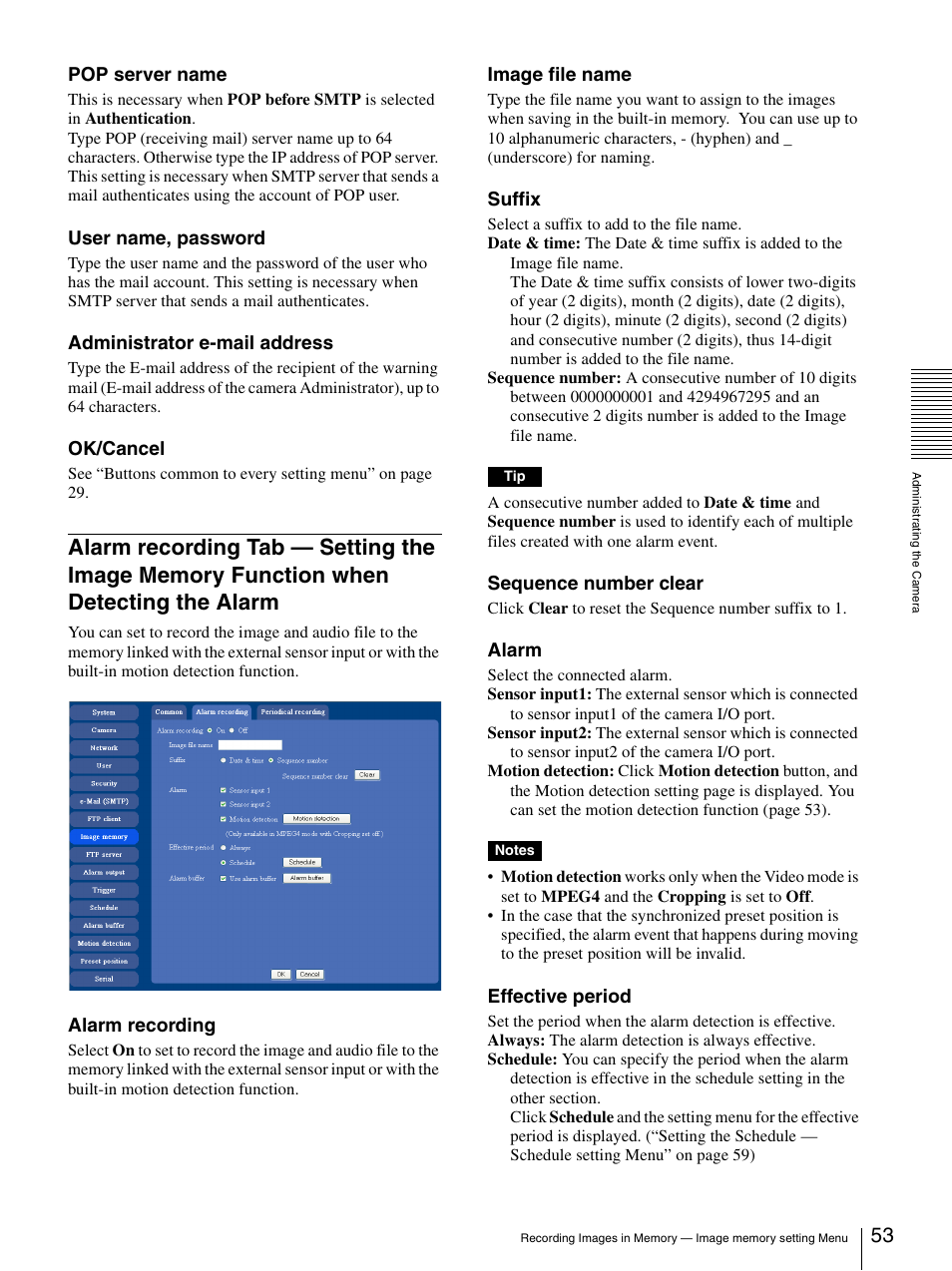 Alarm recording tab — setting the image, Memory function when detecting the alarm 53 | Sony IPELA SNC-RZ25P User Manual | Page 53 / 81