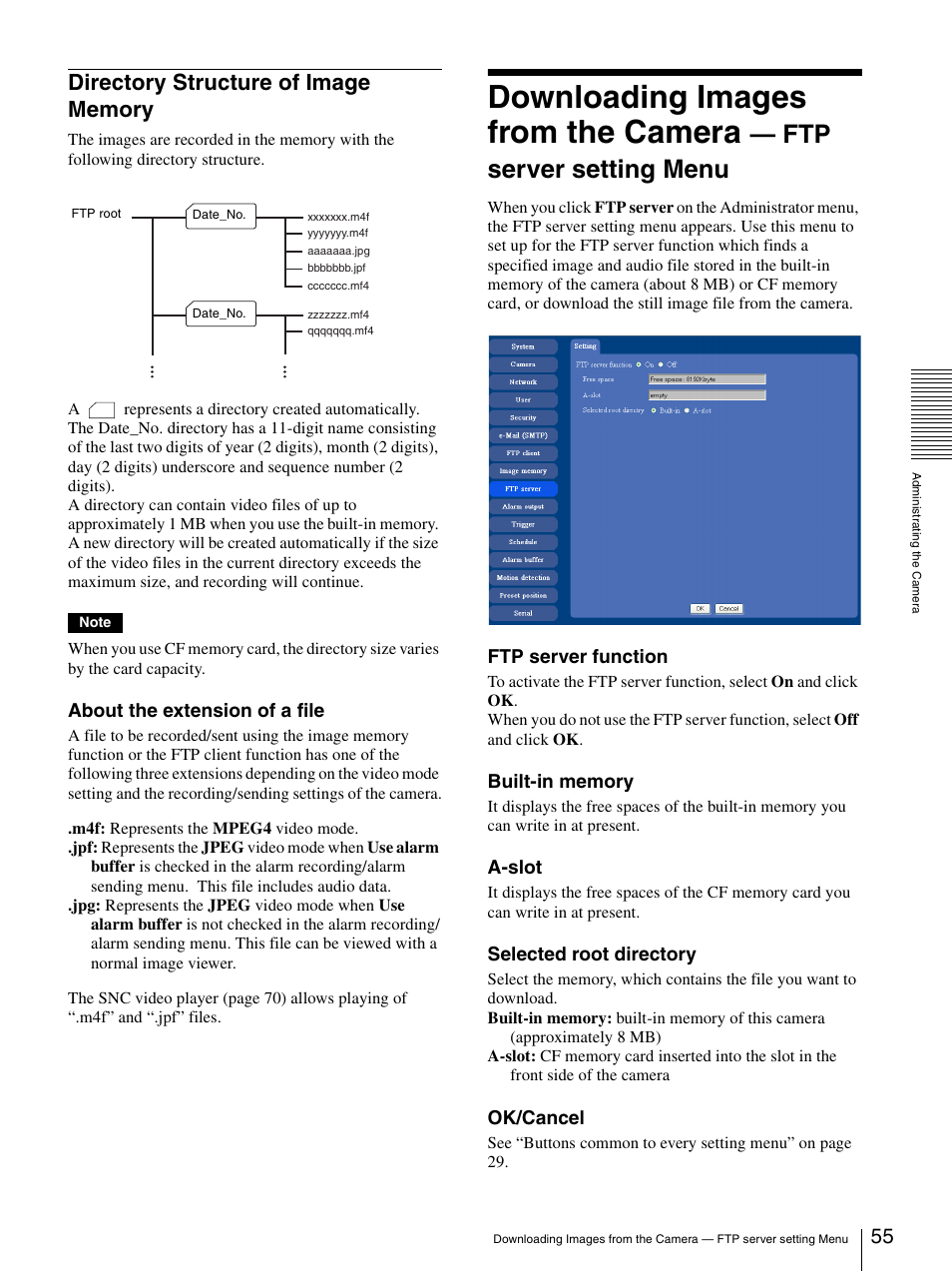 Directory structure of image memory, Downloading images from the camera, Ftp server setting menu | About the extension of a file, Ftp server function, A-slot, Selected root directory, Ok/cancel | Sony IPELA SNC-RZ25P User Manual | Page 55 / 81