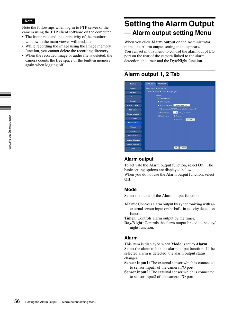 Alarm output 1, 2 tab, Setting the alarm output, Alarm output setting menu | Sony IPELA SNC-RZ25P User Manual | Page 56 / 81